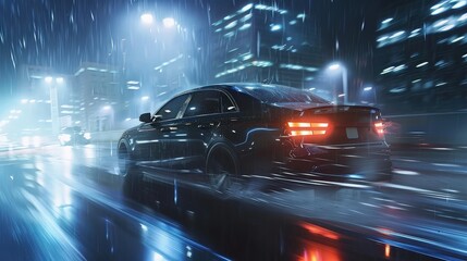 Black Sedan Driving Through a Rainy City at Night