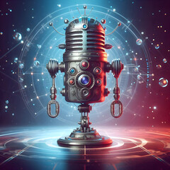 a vintage microphone robot, digital art on dark background