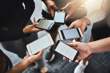 Phone, mockup and hands of people in circle for networking on social media, mobile app or internet. Technology, contact and friends in group with cellphone for connectivity or notification on screen.