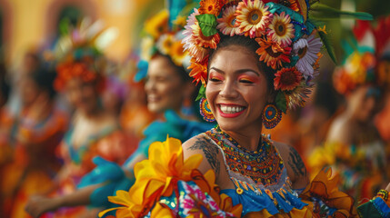 Fototapeta premium Vibrant Carnival Celebration with Joyful Dancer in Festive Costume. Generative ai