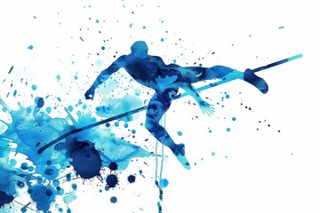 Dynamic blue watercolor illustration of a pole vaulter in action at the Paris 2024 Olympics, highlighting agility, strength, and competitive spirit, Generative AI