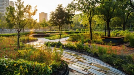 Obraz premium A beautiful city park with bioswales, rain gardens, and permeable pavements.