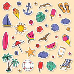 Cute summer icon set. Hand drawn stickers. Vector illustration