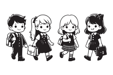 Black Silhouettee Children Walking to School | Happy Kids in School Uniforms | Cute Boys and Girls with Backpacks and Books | Black and White Illustration | Ideal for Educational and Back-to-School