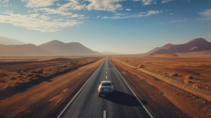 Fototapeta premium Lone car traveling on an endless highway through a barren desert