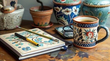 Fototapeta premium Artistic and inspiring work desk with a unique coffee mug, sketchbook, pencil, and pen, perfect for fostering creativity and innovation
