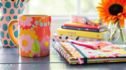 Bright and cheerful work desk with a colorful coffee mug, fun notebook, pencil, and pen, promoting a happy and productive workspace