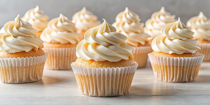 Vanilla cupcakes with swirled frosting.