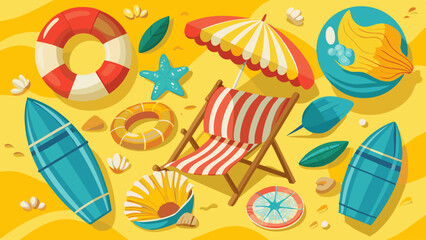 sunbeds and lifebuoy ring on a yellow background. Summer concept.