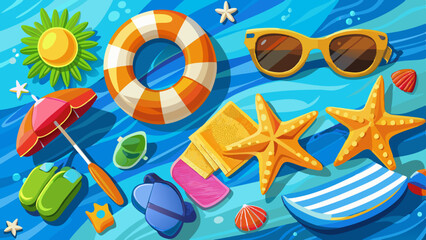 sunscreen and beach toys with place for text on blue background.