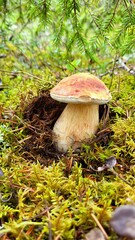 
A large boletus mushroom emerges from under the forest moss
