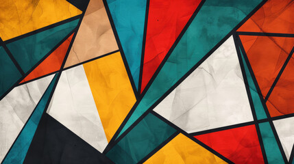 Fototapeta premium Geometric shapes in vibrant reds, teals, yellows, and white, intersecting with black lines, evoke a dynamic, abstract modern art style.