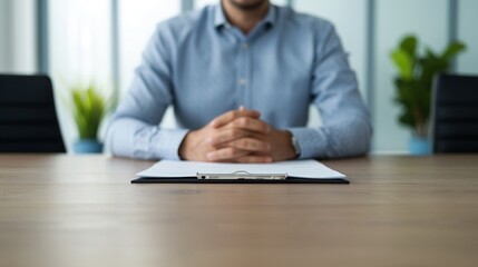 HR manager mediating a conflict resolution meeting between two employees, using a conference table and documents, welllit setting, sharp focus