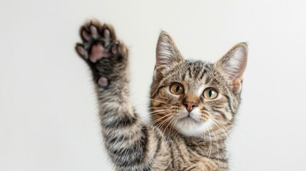 Fototapeta premium feline high five playful cat giving paw gesture capturing whimsical pet behavior on white background studio photography