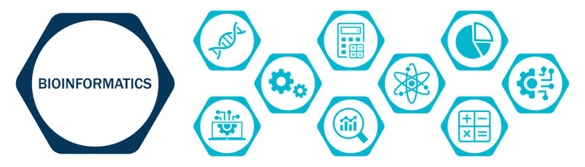 Bioinformatics banner web/website icons vector illustration concept with icons of biology, computer science, information engineering, mathematics, statistics, calculator, on white background, solid 