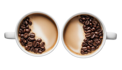 Fototapeta premium Two coffee cups with coffee beans forming a yin-yang pattern in the frothy coffee isolate on transparent background, cutout, png