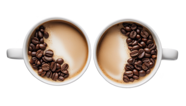Two coffee cups with coffee beans forming a yin-yang pattern in the frothy coffee isolate on transparent background, cutout, png