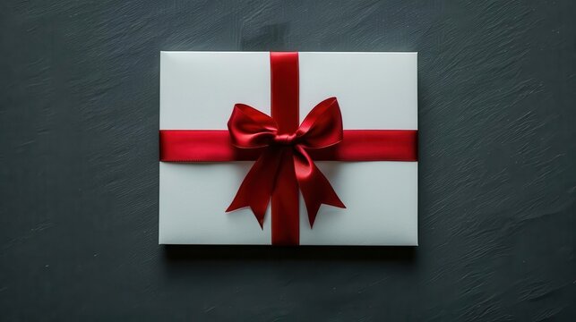 festive elegance blank gift voucher with red ribbon on minimalist grey background product photography