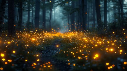 Enchanted forest with glowing fireflies, creating a magical and serene atmosphere, perfect for fairytale-inspired concepts and nature photography.