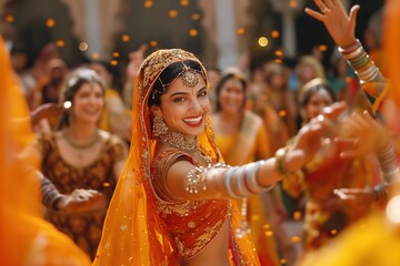 A Bollywood bride in a vibrant orange sari dances with a crowd of people in a festive setting.