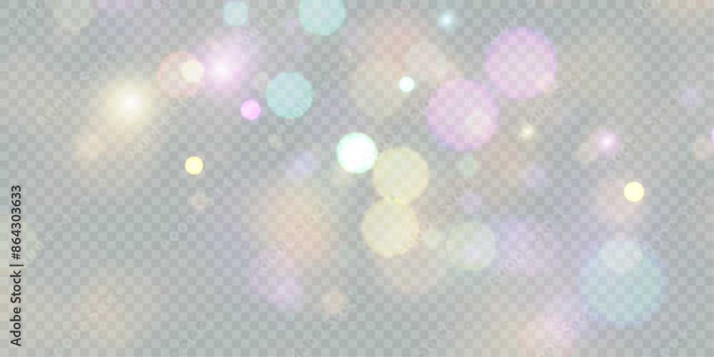 Aufkleber Sparkling glare light effects with colorful shimmer. Beautiful lens flare effect with bokeh, glittery particles and rays. Shining abstract background. Vector illustration	