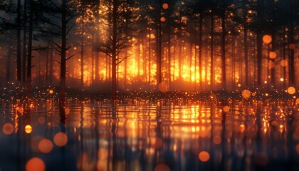 Naklejka premium Mysterious forest with glowing lights reflected in water, creating a surreal atmosphere at sunset.
