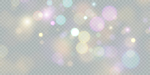 Sparkling glare light effects with colorful shimmer. Beautiful lens flare effect with bokeh, glittery particles and rays. Shining abstract background. Vector illustration	