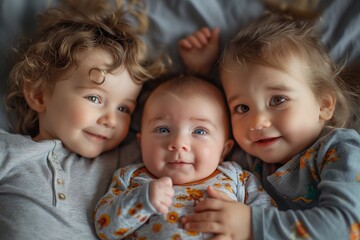 Three young siblings, a baby, a toddler, and a slightly older child, lie close together on a bed, smiling at the camera.