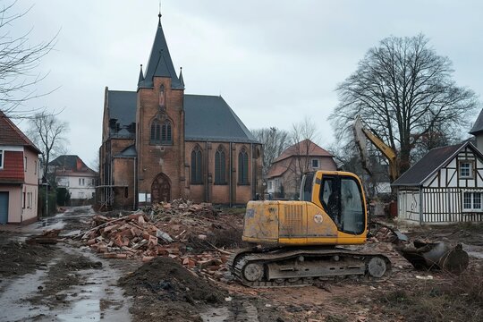 A yellow excavator demolishes the Immerath parish church.