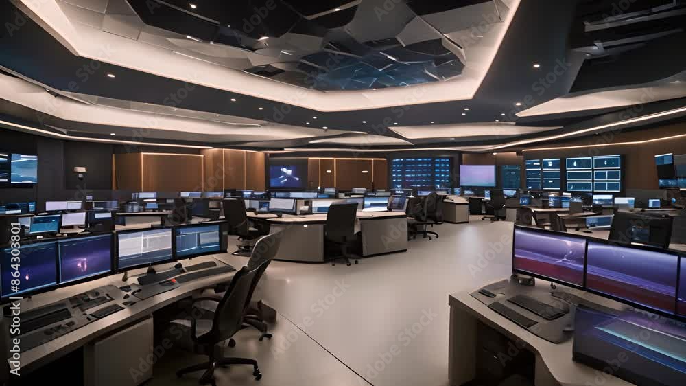 Poster modern control room with multiple computer monitors generative ai