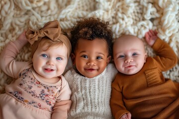 Three adorable babies of different ethnicities are lying together on a white fluffy blanket, smiling at the camera.