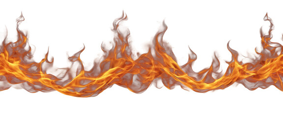 Horizontal border of vibrant orange and yellow flames isolate on transparent background, cutout, png