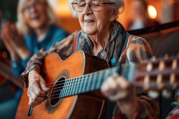 A close-up photo of an elderly woman playing an acoustic guitar with a focused expression on her face.