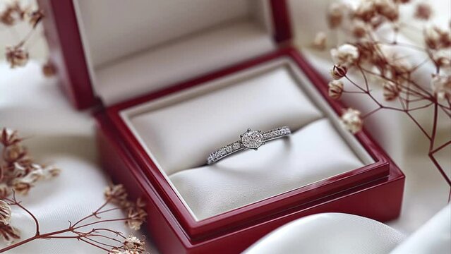 Close up of diamond ring with red jewelry gift wedding box, motion animation video background