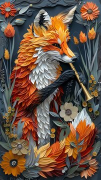 Artistic illustration of a fox playing a flute amidst vibrant flowers, showcasing creativity and nature in harmony.