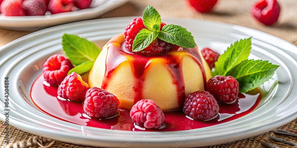 Sticker raspberry-topped panna cotta with mint.