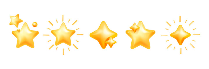 3D star icon set, cosmic sticker, yellow y2k trendy sky vector plastic holiday decor collection kit. New Year Christmas festive shapes, sparkle ray, social media quality service rate. 3D star clipart