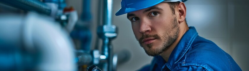 Obraz premium Plumber in a bathroom examining exposed pipes behind a wall panel, using a flashlight and tools, realistic lighting and setting, high clarity