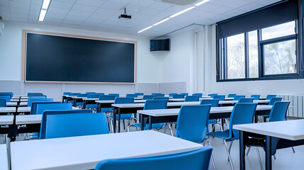 Modern Classroom with White Desks and Blue Chairs