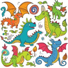 Funny dragons doodle set, cartoon dino, graphic dinosaurs isolated, monster animals