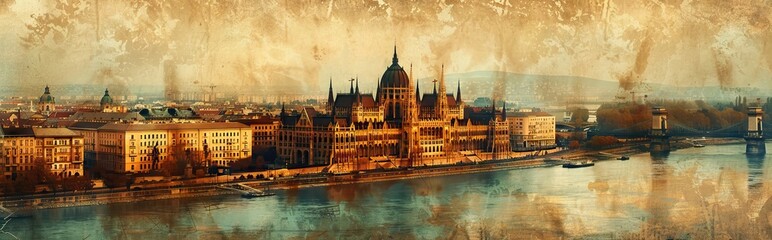 Obraz premium Skyline of the Old City at the Western Wall, the wailing wall, and Temple Mount in front of beautiful sunset, Jerusalem, Israel. Paper texture. AI generated illustration