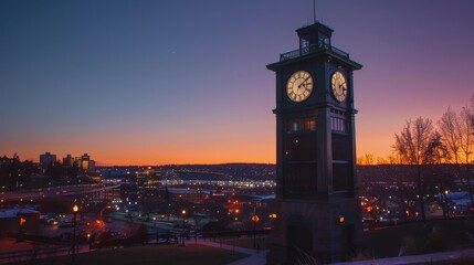 Large public clock tower at dusk with city lights starting to twinkle