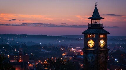 Large public clock tower at dusk with city lights starting to twinkle