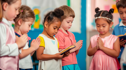 a  of children in a Sunday school class, each holding a Bible and bowing their heads in prayer, Backgrounds, People, Praying, Heaven, Religion, Bible, with copy space