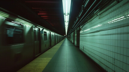 Fototapeta premium Empty subway train platform with dim lighting, blurred motion of passing train, copy space