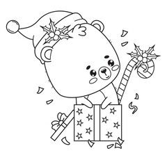 Cute Christmas little bear in gift box with caramel stick and holly. Funny festive animal. Teddy character outline. Vector illustration. Line drawing, coloring book. Kids collection