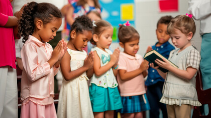 Fototapeta premium a of children in a Sunday school class, each holding a Bible and bowing their heads in prayer, Backgrounds, People, Praying, Heaven, Religion, Bible, with copy space