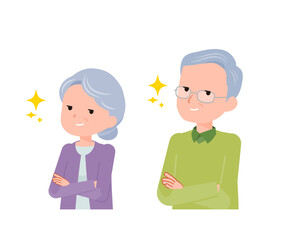 老人シニア夫婦男女。自信満々なドヤ顔。