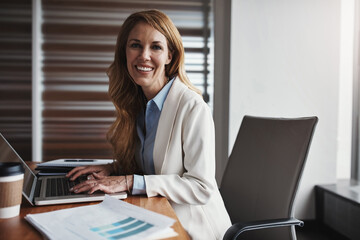 Woman, documents and banker portrait in office, research and plan for growth on laptop. Female...