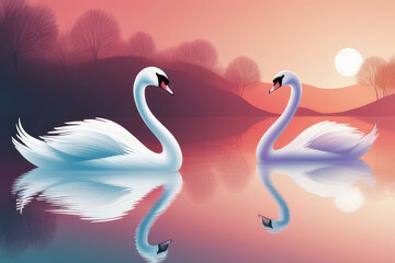 Naklejka premium Beautiful watercolor of Elegant swans gracefully swim in the a beautiful sunset.